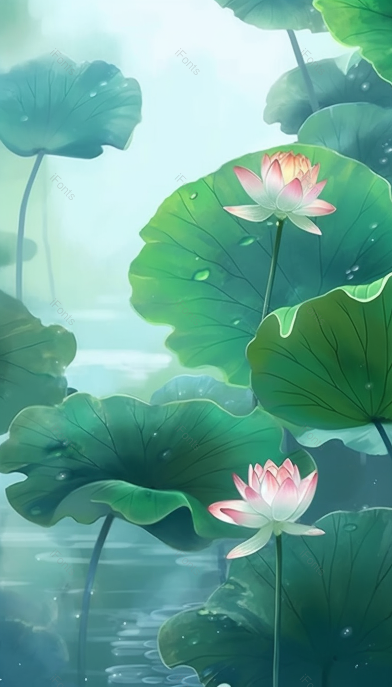 绿色夏日荷花盛开接天莲叶手绘插画背景,插画/手绘图,插画/手绘图库,插画/手绘图下载,插画/手绘